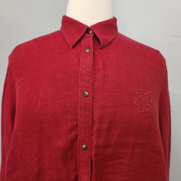 Lauren Ralph Lauren 2X 100% Linen Button Up Red Blouse Embroidered Logo - Picture 2 of 10